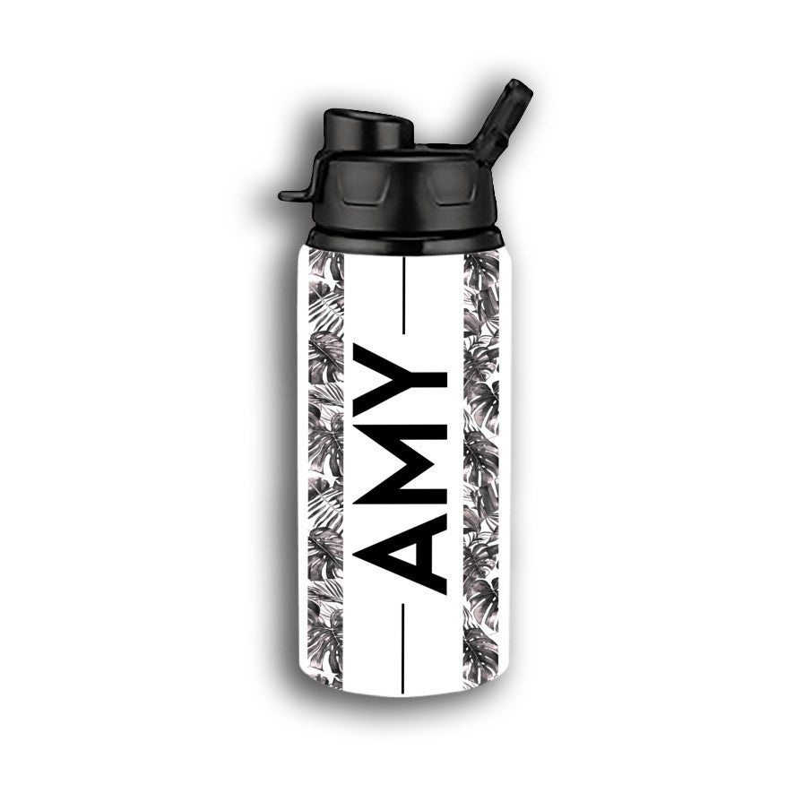 Leaf Pattern Custom Personalized Name Aluminum Water Bottle 17 oz with Snap Lids - White, Gift for Women, Gift for Her, Gift for Mom