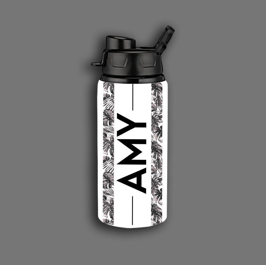 Leaf Pattern Custom Personalized Name Aluminum Water Bottle 17 oz with Snap Lids - White, Gift for Women, Gift for Her, Gift for Mom