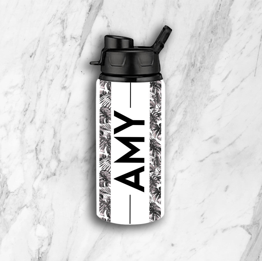 Leaf Pattern Custom Personalized Name Aluminum Water Bottle 17 oz with Snap Lids - White, Gift for Women, Gift for Her, Gift for Mom