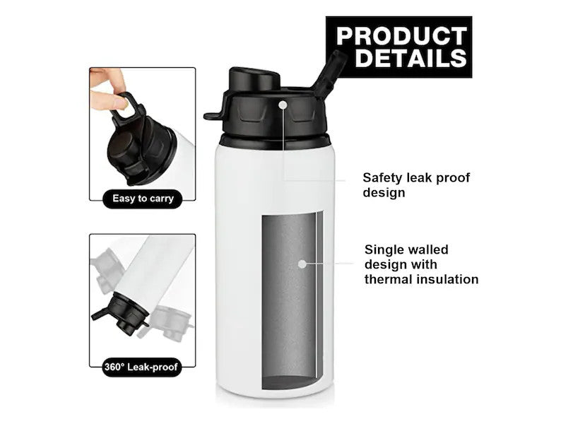Leaf Pattern Custom Personalized Name Aluminum Water Bottle 17 oz with Snap Lids - White, Gift for Women, Gift for Her, Gift for Mom