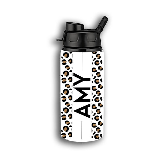 Cheetah Print Personalized Custom Name Aluminum Water Bottle 17 oz with Snap Lids - White, Gift for Women, Gift for Her, Gift for Mom
